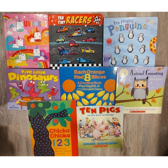 Preschool Math Counting Book Lot 8 Unicorns Cars Penguins Dinosaurs Animals - Picture 1 of 4